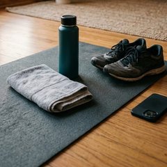 示例配图：运动后瑜伽垫上的水杯、毛巾和运动鞋（服务流程情景演示）