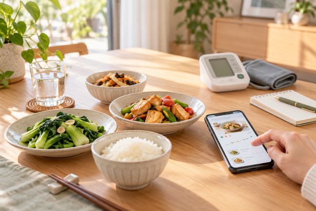 家常饭菜旁摆放血压计和手机，手机上显示饮食与健康管理记录