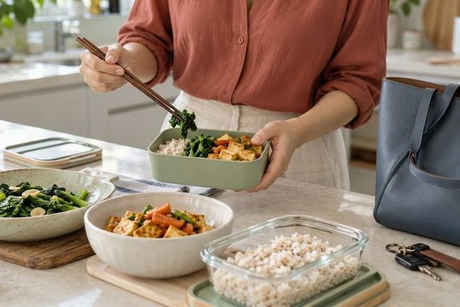 把豆腐、青菜和杂粮饭装进便当盒