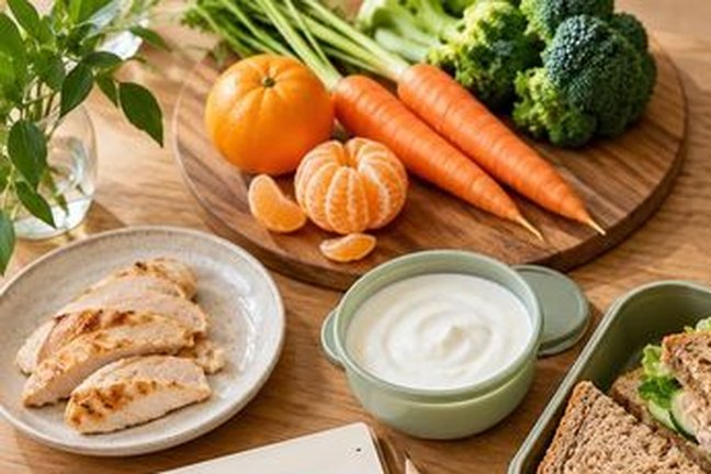 桌上的胡萝卜、西兰花和橙子，旁边是鸡胸肉和一碗原味酸奶