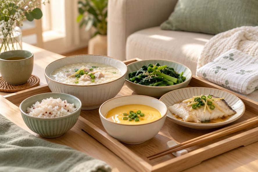 月子餐：粥、清蒸鱼、青菜和蒸蛋