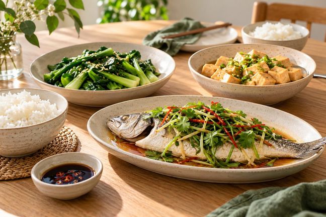 一桌家常中餐：清蒸鱼、青菜、豆腐和米饭