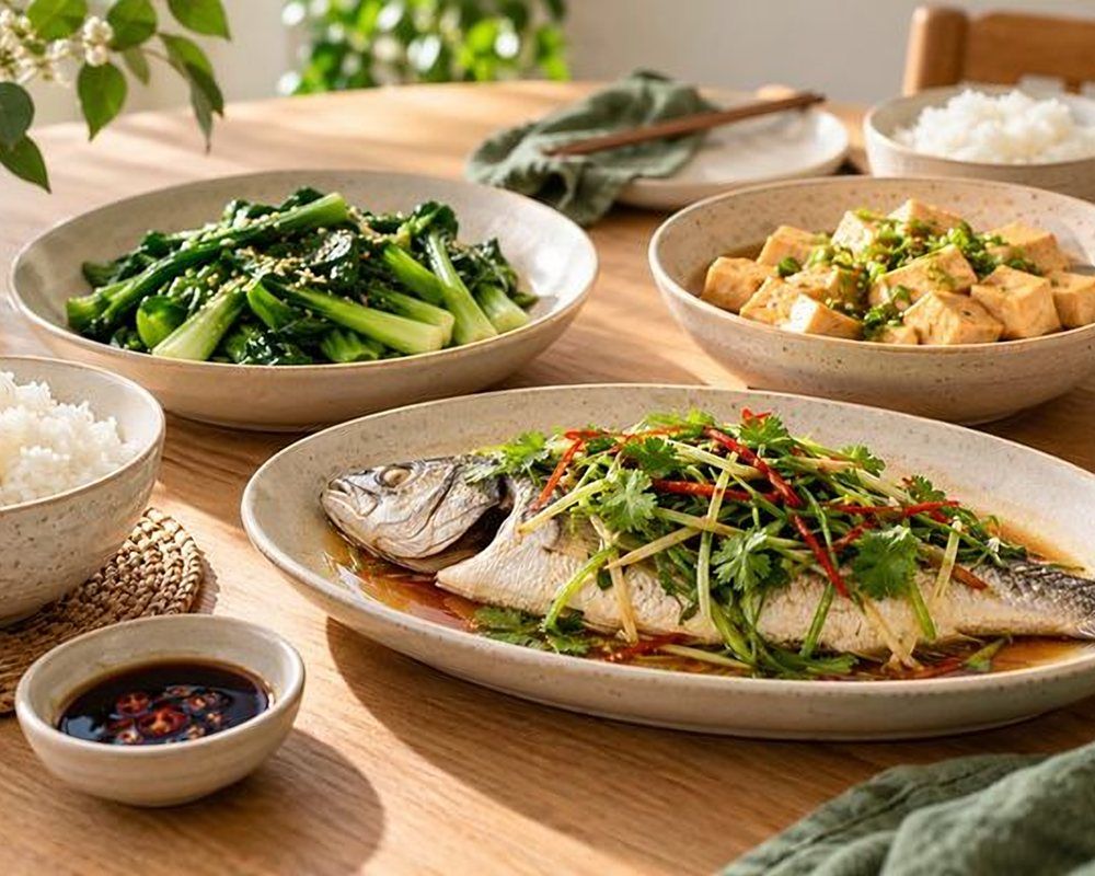 清蒸鱼、炒青菜、葱香豆腐和米饭的家常晚餐（AI 生成示意图）